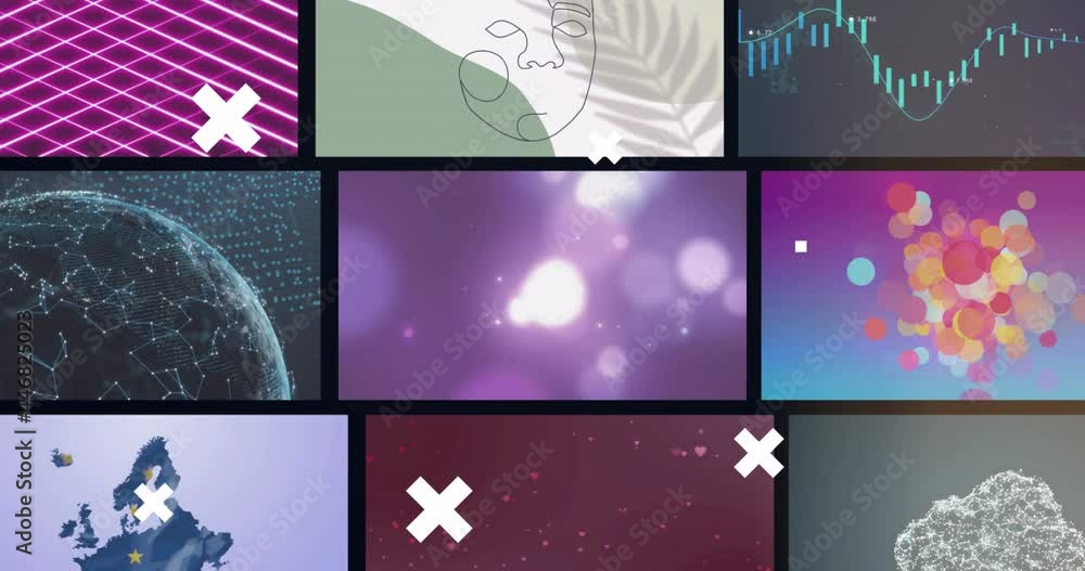 Poster animation of white crosses over multiple screens of communication technology and abstract clips