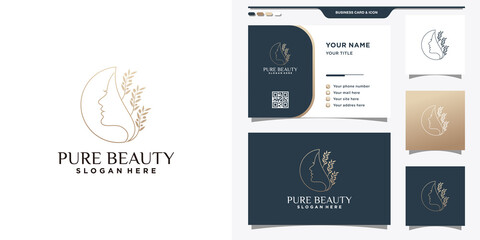 Beauty woman face logo template with line art style and business card design