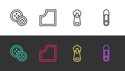 Set line Sewing button, Pattern, Zipper and Safety pin on black and white. Vector