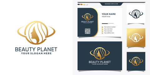 Fototapeta premium Beauty planet logo design template with woman face and business card design