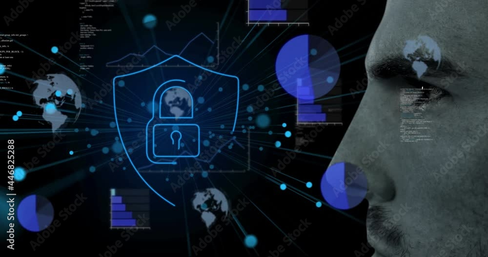 Poster animation of digital interface and data processing with online security padlock over man