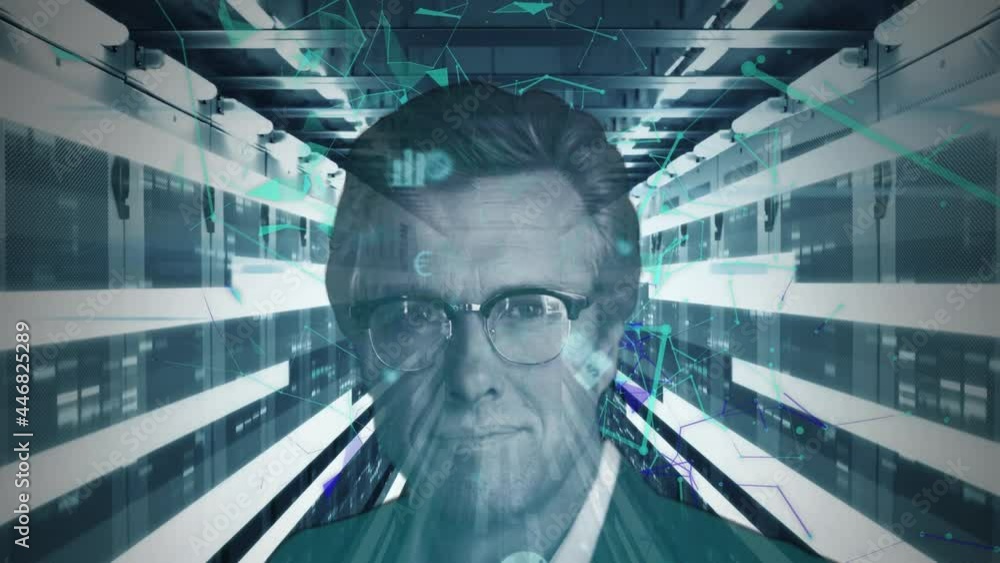 Poster animation of digital interface and data processing with connections over businessman