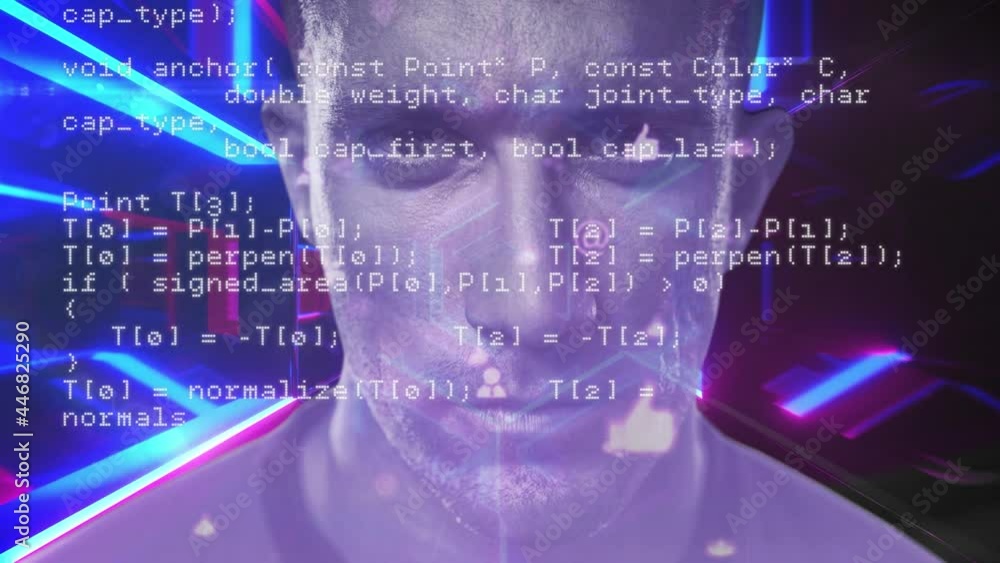 Poster animation of digital interface with data processing over man's face