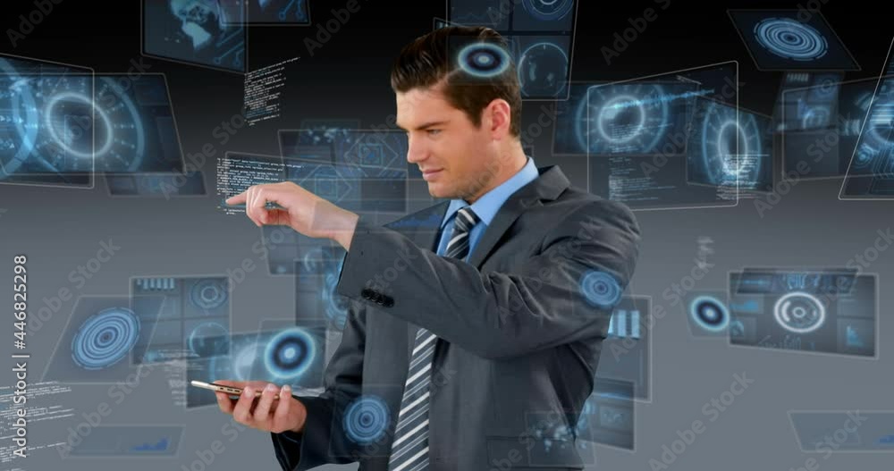 Poster animation of digital interface with data processing on screens over businessman using tablet