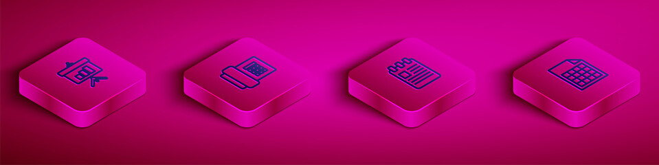 Set Isometric line Chalkboard with diagram, Telephone, Spiral notebook and File document icon. Vector