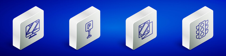 Set Isometric line Monitor with location marker, Parking, Folded map and Traffic light icon. Vector