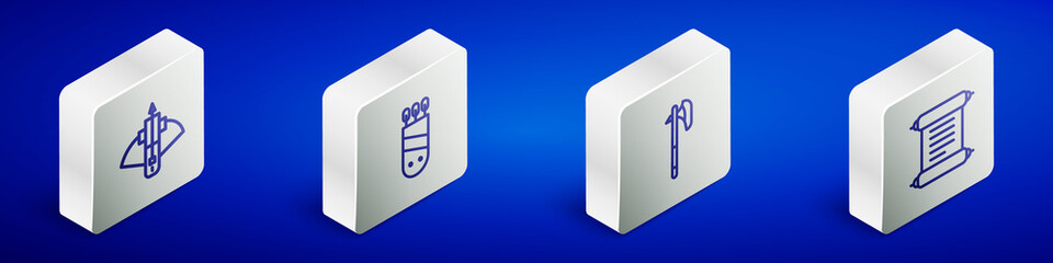 Set Isometric line Battle crossbow with arrow, Quiver arrows, Medieval axe and Decree, parchment, scroll icon. Vector