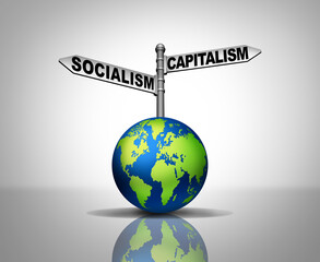Socialism And Capitalism symbol as two different economic and political systems as a choice for global social ideology path and society direction