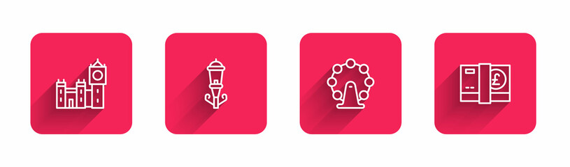 Set line Big Ben tower, Vintage street light, London eye and Pound sterling money with long shadow. Red square button. Vector