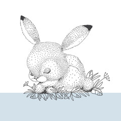Bunny, a linear graphic drawing. A sleeping animal in the grass. Decorative print,