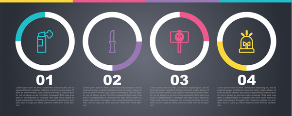 Set line Pepper spray, Military knife, Peace and Flasher siren. Business infographic template. Vector