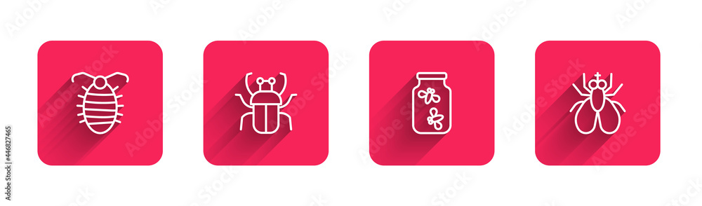 Poster set line larva insect, stink bug, fireflies bugs jar and insect fly with long shadow. red square but