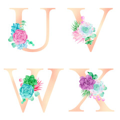 Floral watercolor alphabet set collection with colorful succulents.