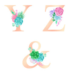 Floral watercolor alphabet set collection with colorful succulents.