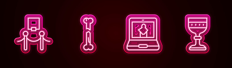 Set line Picture and rope barrier, Human broken bone, Online museum and Medieval goblet. Glowing neon icon. Vector
