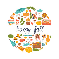 Autumn elements in circle with text gap and "happy fall" lettering.