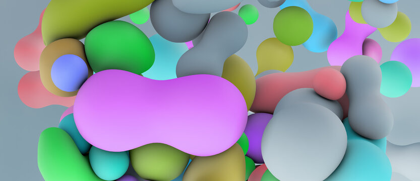 bunte farbenfrohe blasen, b&auml;lle, kissen oder ballone, metallisch gl&auml;nzend, abstrakt und modern, 3d, fr&ouml;hlich und lebendig, regenbogen farben, close-up, hintergrund, lgbtq