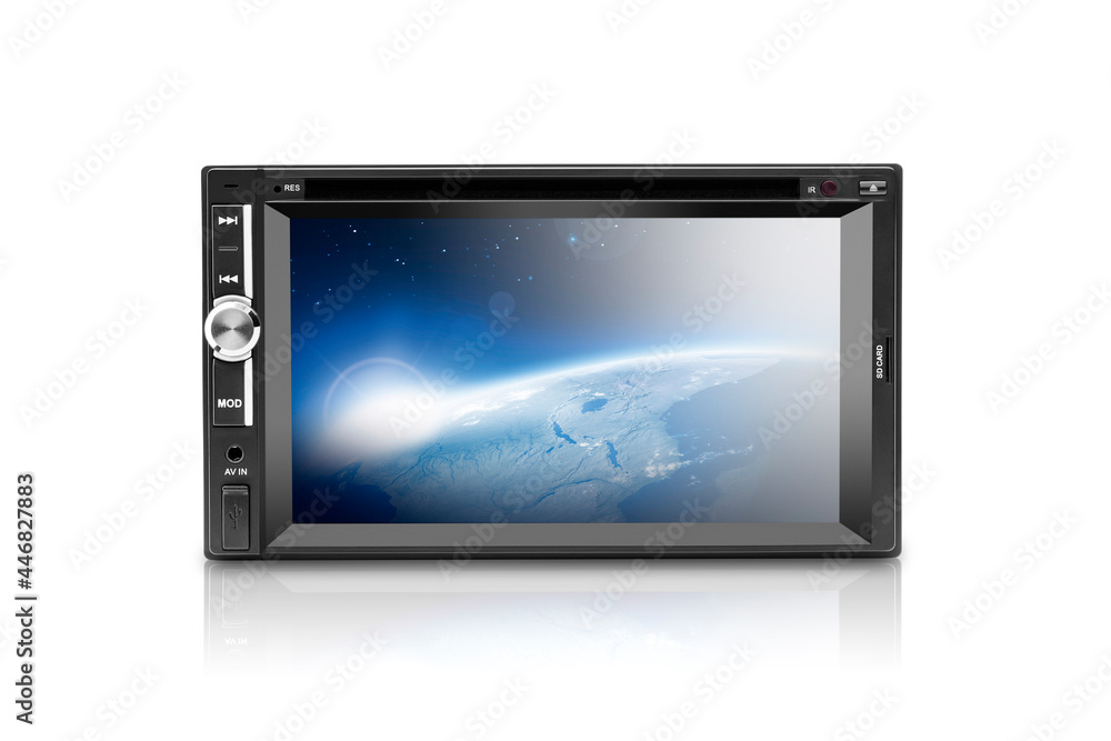 Wall mural front view of a black automobile dvd with silver buttons on left side with an image of earth on the 