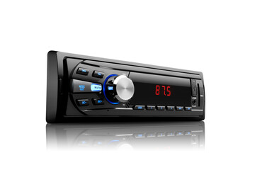 Three-quarter right view of a black automobile radio with screen on with silver button on white background with reflection underneath