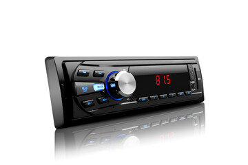 Three-quarter right view of a black automobile radio with screen on with silver button on white background with reflection underneath
