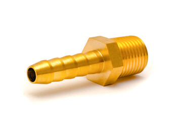 Threaded brass barb pipe fitting on white.