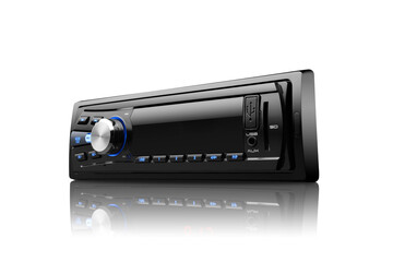 Three-quarter left view of a black automobile radio with silver button on white background with...