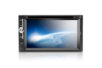 Front view of a black automobile dvd with silver buttons on left side with an image of earth on the screen on white background