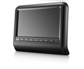 Three-quarter view of rectangular black automobile headrest dvd player with screen off on white background