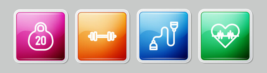 Set line Kettlebell, Barbell, Chest expander and Heart rate. Colorful square button. Vector