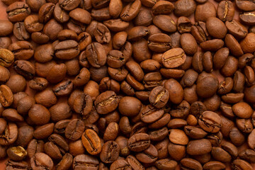 coffee beans backdrop, roasted coffee beans on flat background.