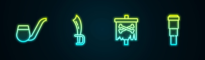 Set line Smoking pipe, Pirate sword, flag and Spyglass telescope lens. Glowing neon icon. Vector