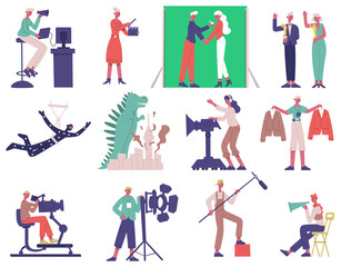 Film shooting characters. Cinema movie production process, film director, cameraman and actors vector illustration set. Movie production team characters