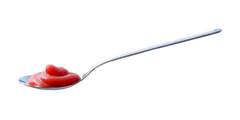 Ketchup red splashes in spoon isolated on white background. Tomato sauce top view. High resolution photo
