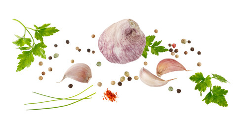 Aromatic spice card. Garlic, parsley herb and red black peppers flying isolated on white