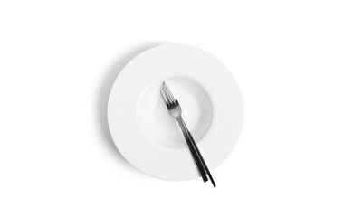 Sign language with cutlery. A plate with cutlery isolated on a white background. Plate, knife, fork on a white background.