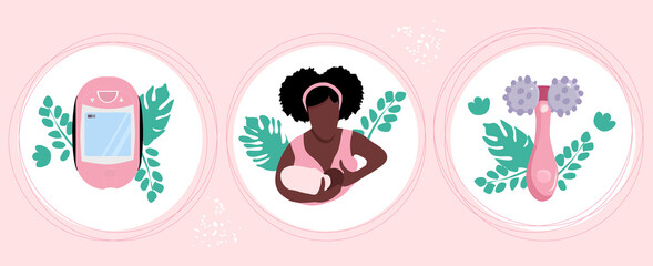 World Breastfeeding week.Lactation accessories set.Young afro American woman with child.
Massager and electronic pumping device. Nursing products in hand drawn style.Nutrition and baby care, maternity