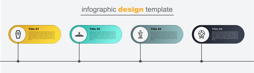 Set line Memorial wreath, Grave with cross, Holy bible book and Coffin. Business infographic template. Vector