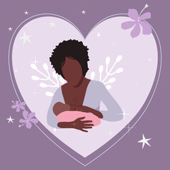 World breastfeeding week illustration.Young afro American woman with child. Lactation concept.Mom holds her baby on floral background.Love and maternity.Hand drawn banner.Newborn eats milk, colostrum