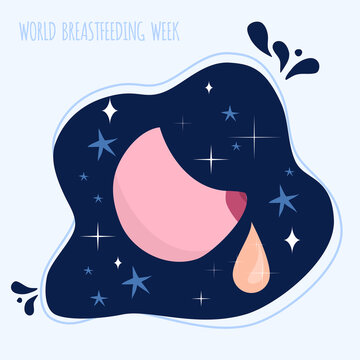 World breastfeeding week illustration.Female organ with nipple. Lactation concept on abstract cosmic background.Love and maternity.Hand drawn banner. Nutrition, colostrum, milk production.