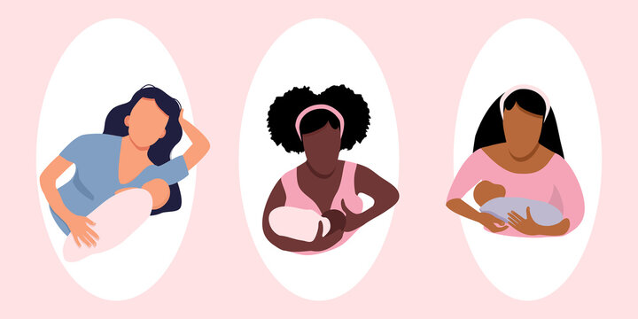 World breastfeeding week illustration.Young women different ethnicities with childs. Lactation in various positions concept.Mom holds her baby. Love and maternity.Hand drawn banner.Newborn eats milk.