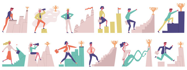 Fototapeta na wymiar Business people goal movement. Goal achieve male and female successful professional characters vector illustration set. Career goal achievements
