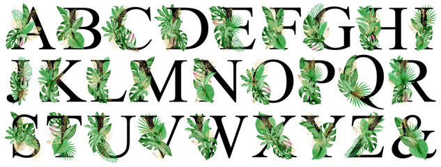 Floral Alphabet Set Collection with watercolor green and gold tropical leaves, monstera, palm, banana leaf. © Outlander1746
