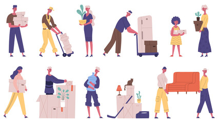 Fototapeta na wymiar Moving out people. Family moving new house, characters carrying boxes and furniture, cargo delivery service vector illustration set. House moving day