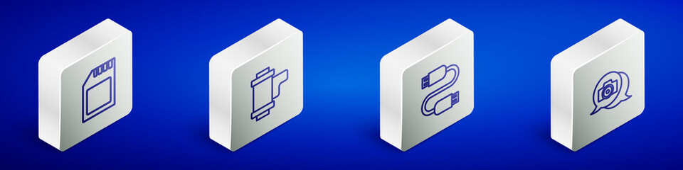 Set Isometric line SD card, Camera roll cartridge, USB cable cord and Photo camera icon. Vector