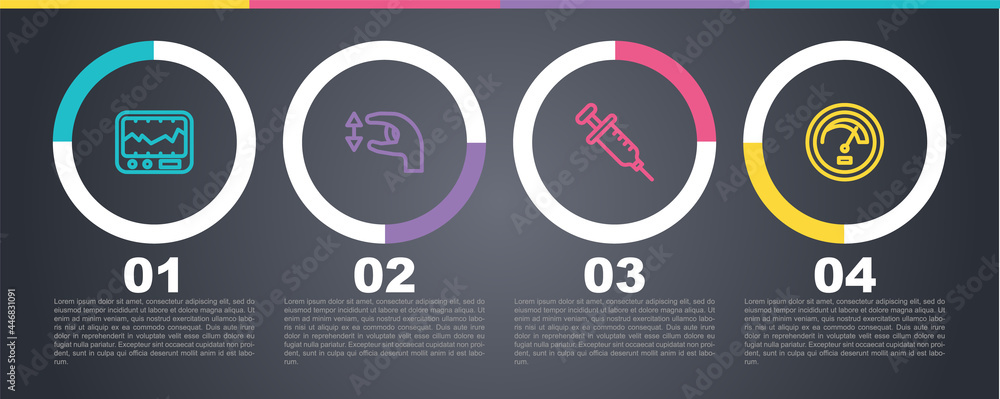 Poster set line measuring instrument, approximate measurements, syringe and speedometer. business infograph
