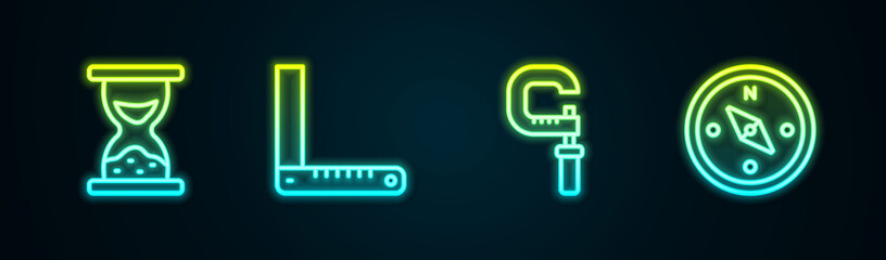 Set line Old hourglass with sand, Corner ruler, Micrometer and Compass. Glowing neon icon. Vector