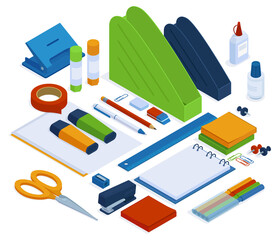 Office supplies. Isometric stationery tools, stapler, ruler, scissors and duct tape, 3d school or office stationery vector illustration set. Isometric office tools