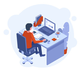 Freelance home office. Male character working at laptop, workspace with desktop computer and chancellery vector illustration. Home freelance worker