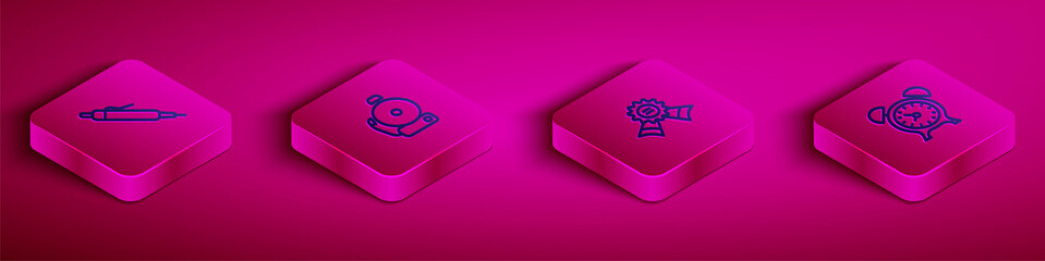 Set Isometric line Pen, Ringing alarm bell, Medal and Alarm clock icon. Vector