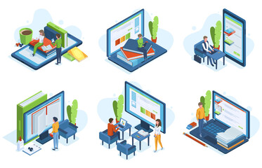 Isometric people online education. Distance learning, 3d characters learn online on computer screens vector illustration set. Online education isometric scenes